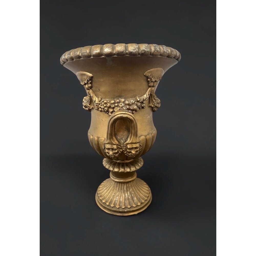 Vintage French Neoclassical Gold Urn Planter – 12" Medici Sculpted Vessel